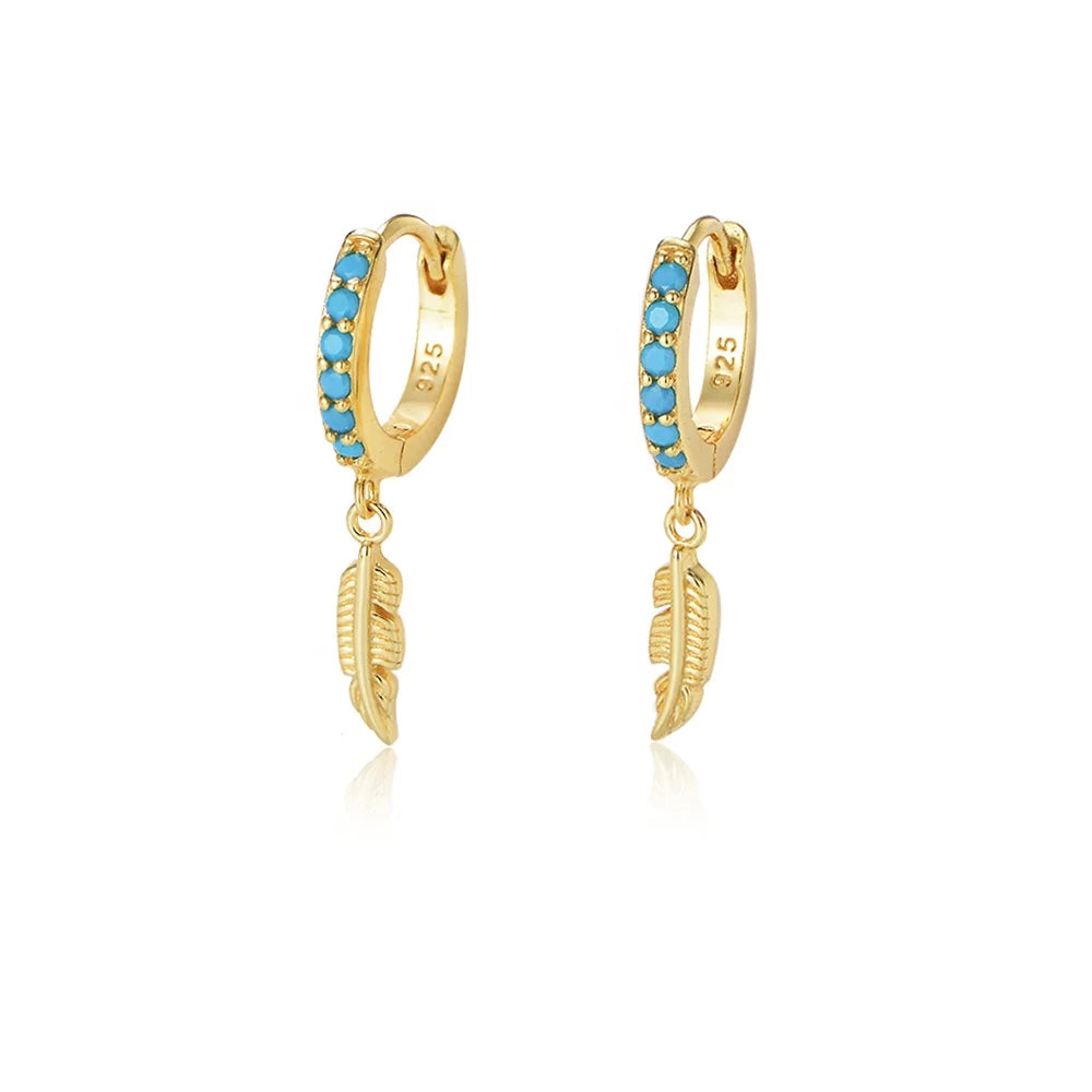 S925 Sterling Silver 14k Gold Plated Jewelry Circle Huggie Feather Drop Charm Turquoise Stone Earrings