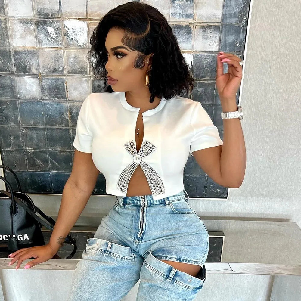 Modern Style Fashion Solid Color V Neck Slim Short Sleeve Sexy Crop Top Women
