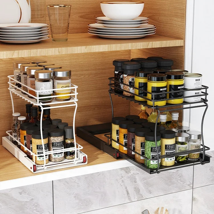 Kitchen Products 2 Tier Under Shelf Sink Storage Holders & Racks Organization Cabinet with Drawers Sliding Pull Out Spice Rack