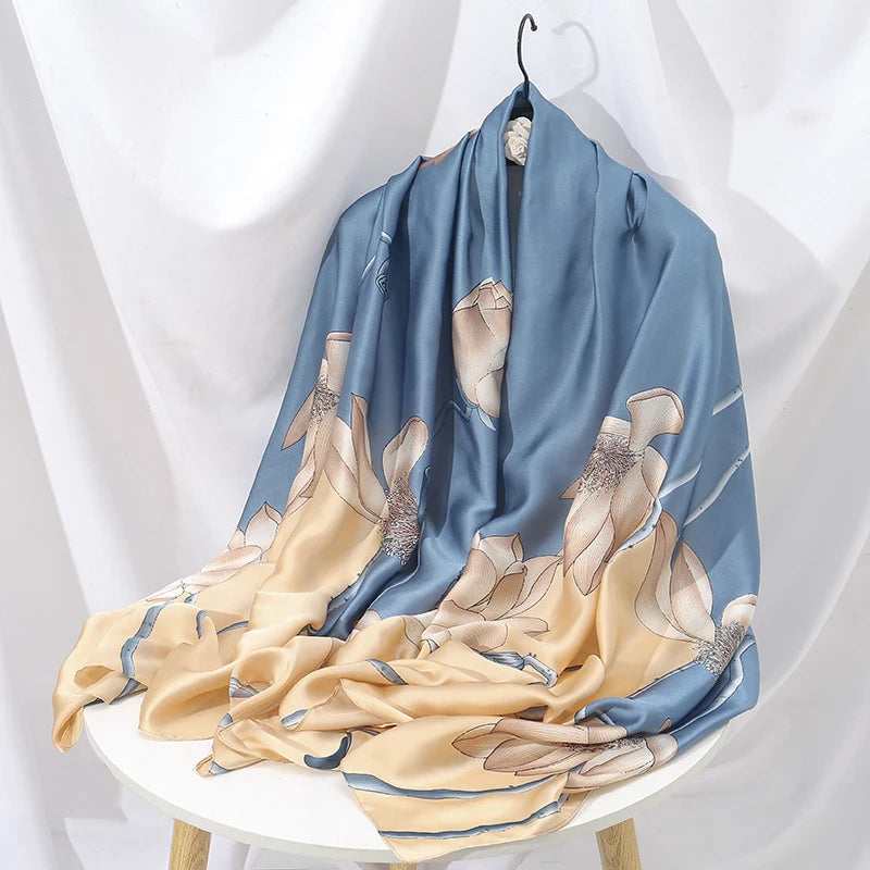 New Design Fashion Floral Printed Hijab Muslim Woman Shawl Elegant Ladies Long Satin Silk Scarf
