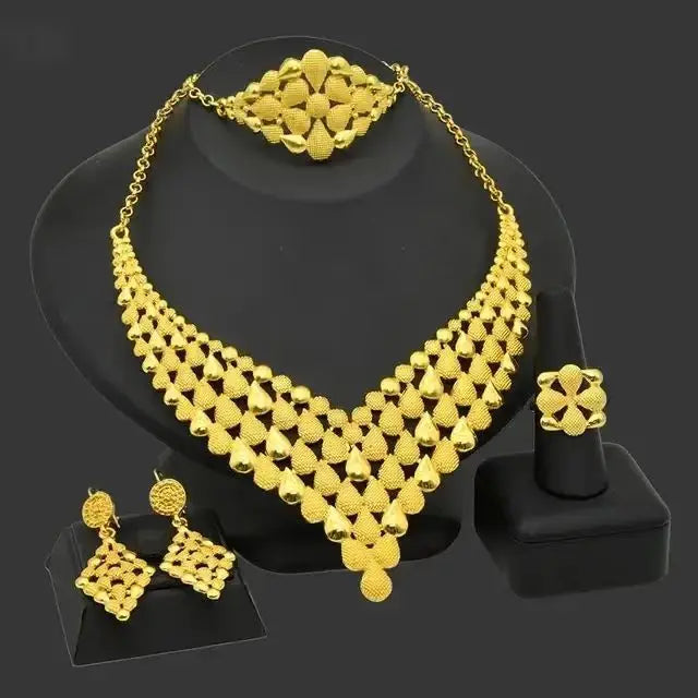 24K Gold-plated Arab Women's Bridal Necklace Earrings Rings Bracelets Indian Women's Jewelry Set