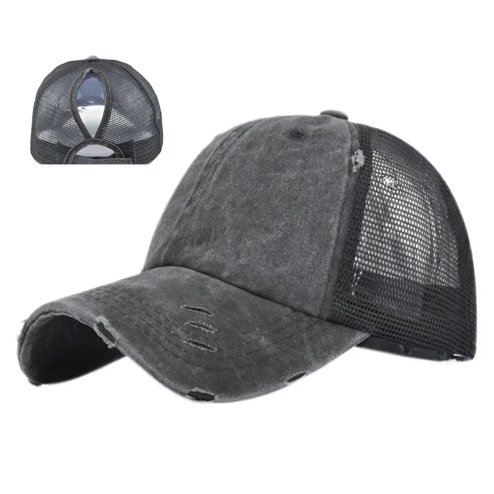 Wholesale Women's Light Version Multicolor 6 Panels Baseball Cap New Ponytail Washed Net Cap