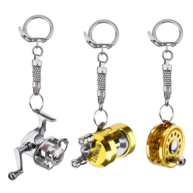 WEIHE Strong Fish Wheel Keychain Gold Color Fly Spinning Fishing Reel  Miniature Key Chain With Key Ring