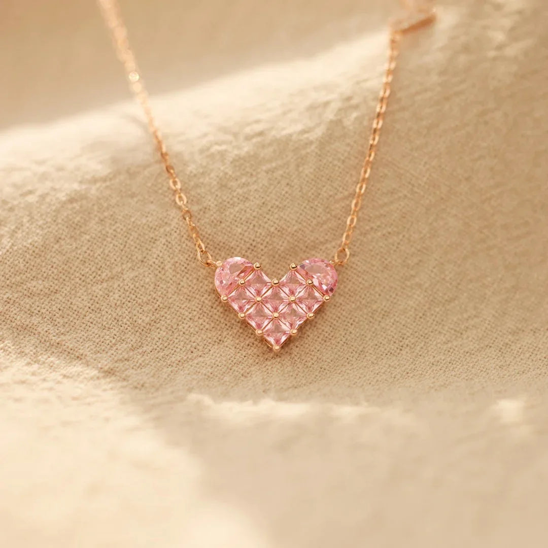 FUAMAY Women's Classic Engagement Gift Dainty Pink Baguette Heart Sterling Silver Pendant Necklace
