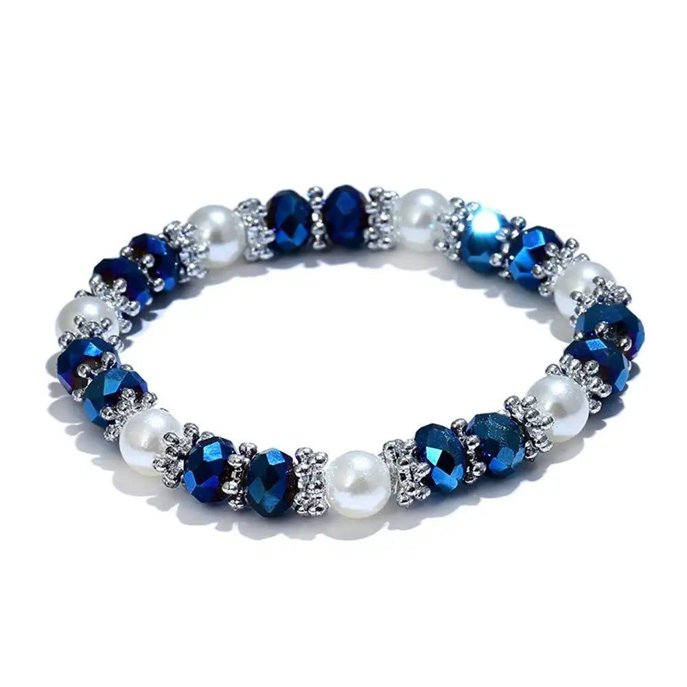 Blue/White Glass Faux Pearl and Blue Rondelle Beaded Bracelet