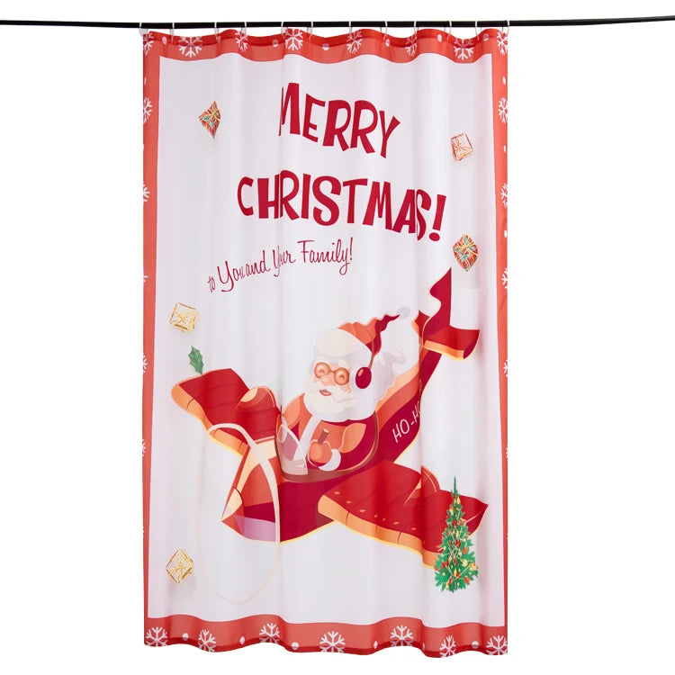 2022 Polyester Waterproof Printed Shower Curtain with 12 Hooks Modern Christmas Elements Design for Bathroom