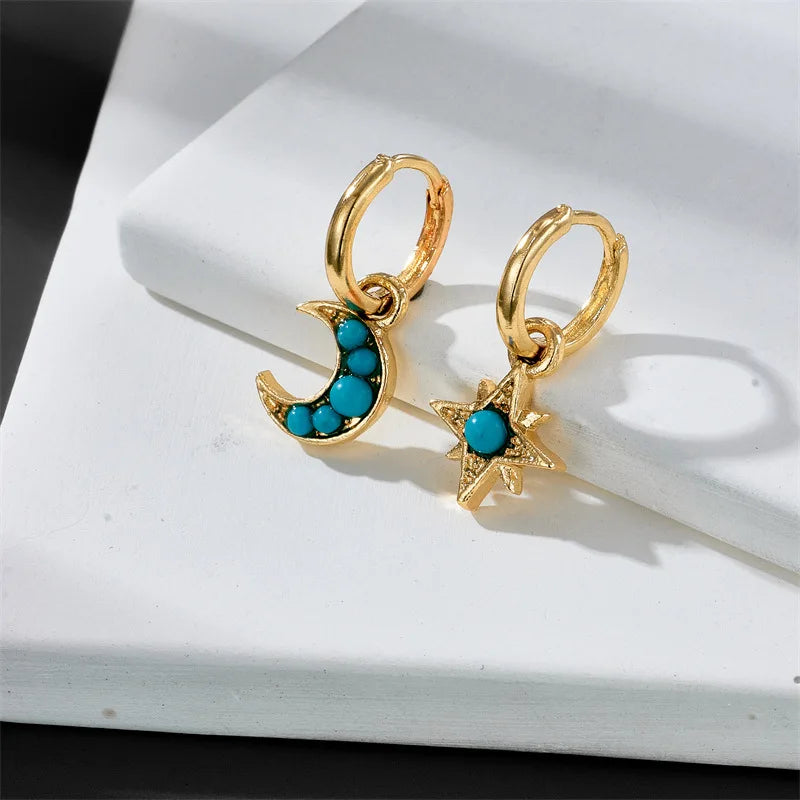 Creative Gold Plated Moon Star Earrings Geometric Turquoise Stone Star Moon Hoop Earring for Women