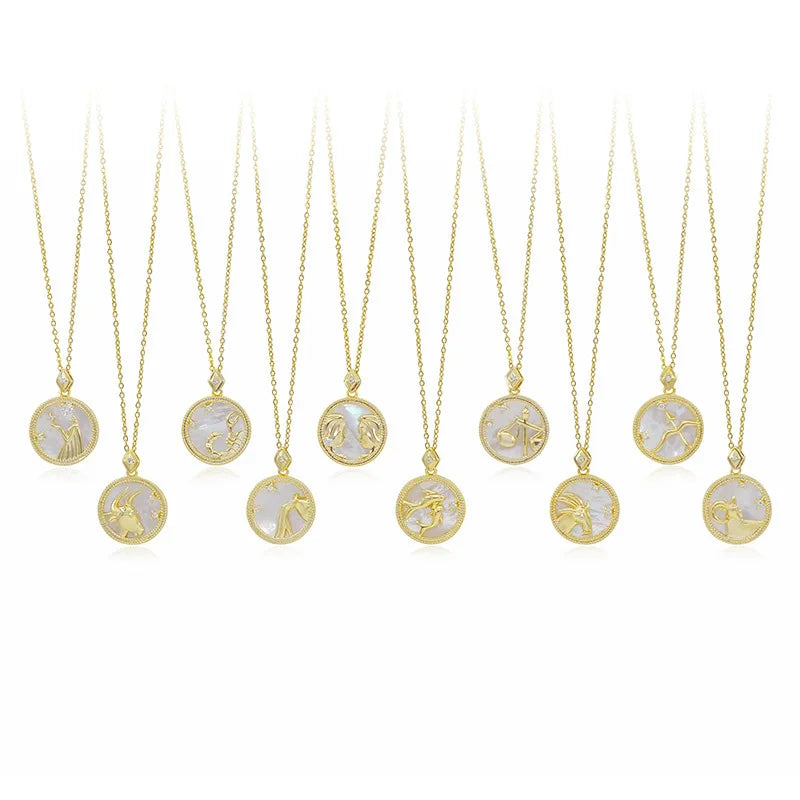 HOVANCI 3 Newest Design Gold Plated Crystal Rhinestone White Shell 12 Zodiac Pendant Necklace