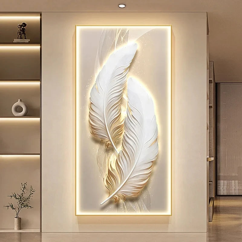 Modern Simple Feather Abstract Painting Custom Decorative Crystal Printed Painting Porch LED Decorative Wall Art