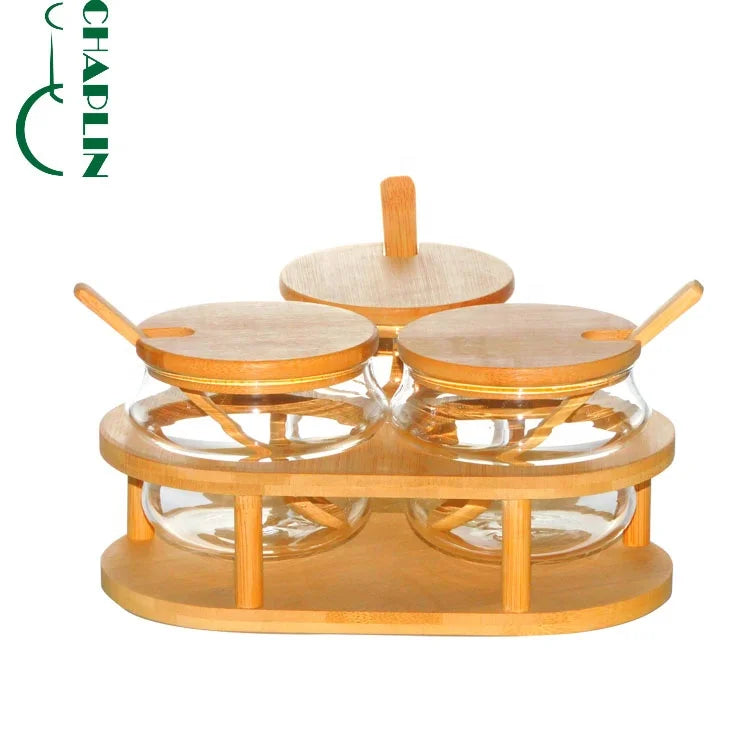 Glass Storage Jar Set Three Kitchen Spice Jar Units with Triangular Bamboo Frame