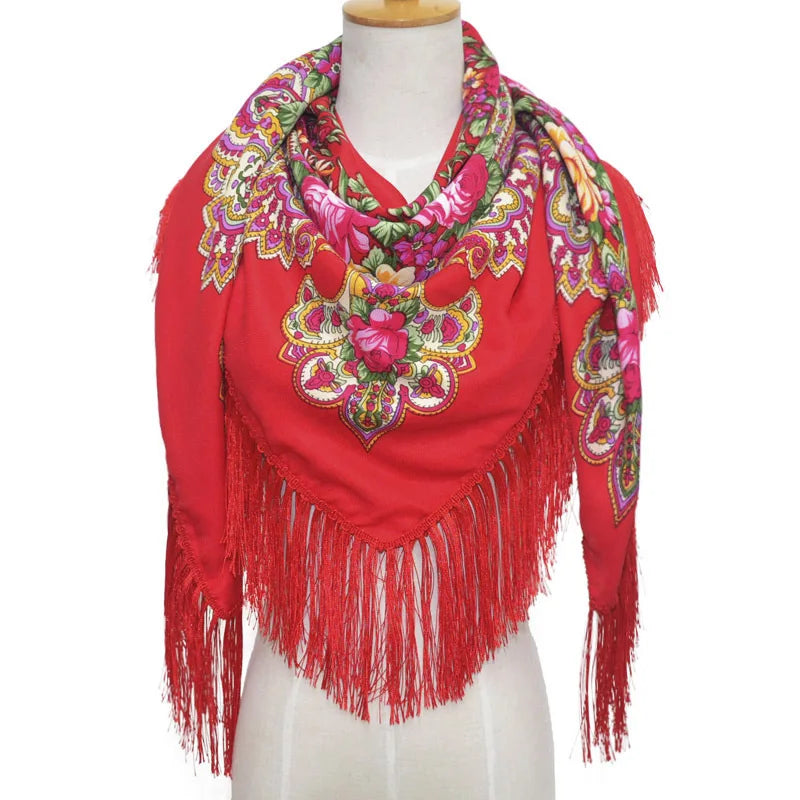 135*135cm Women Russian Style Big Square Scarf Shawl Scarves Hijab Wraps Ethnic Shawls Print Retro Fringed Adult Multi