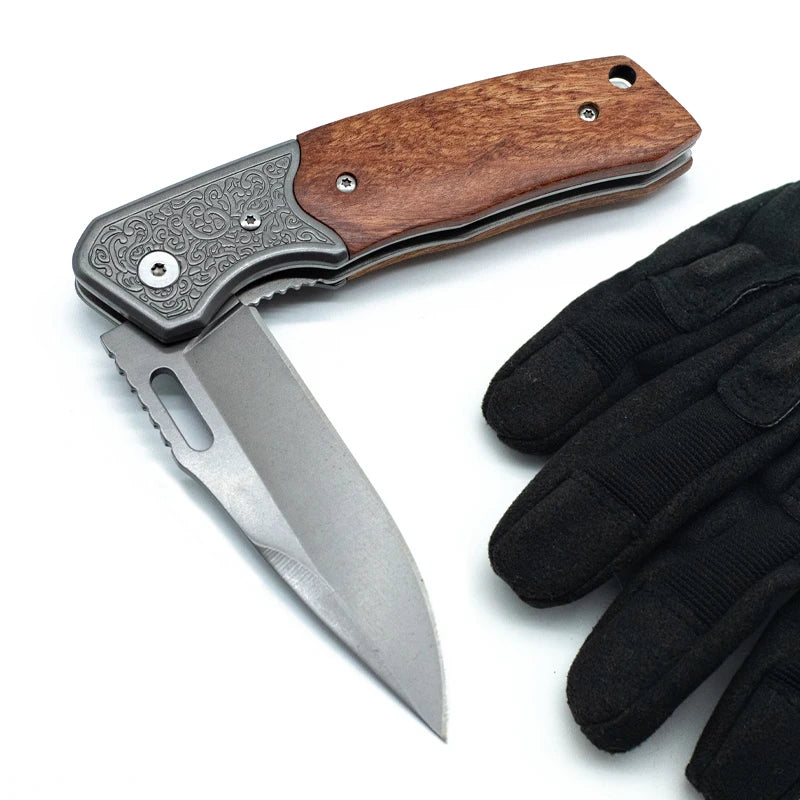 Stainless Steel Folding Blade Pocket Knife with Wooden Handle for Outdoor Camping Survival Hunting-Outdoor Knife