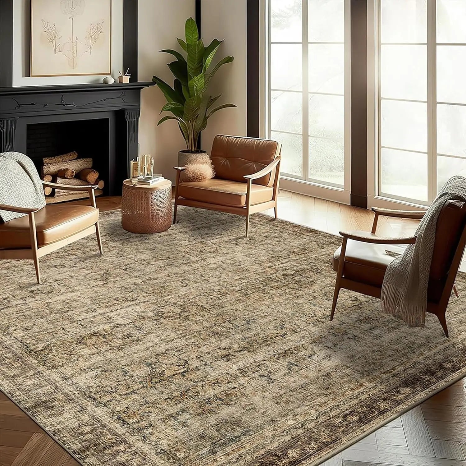 Vintage Floral Print 6x9 Washable Distressed Area Rug Dark Brown Non-Slip Indoor Floor Cover Kitchen Living Room