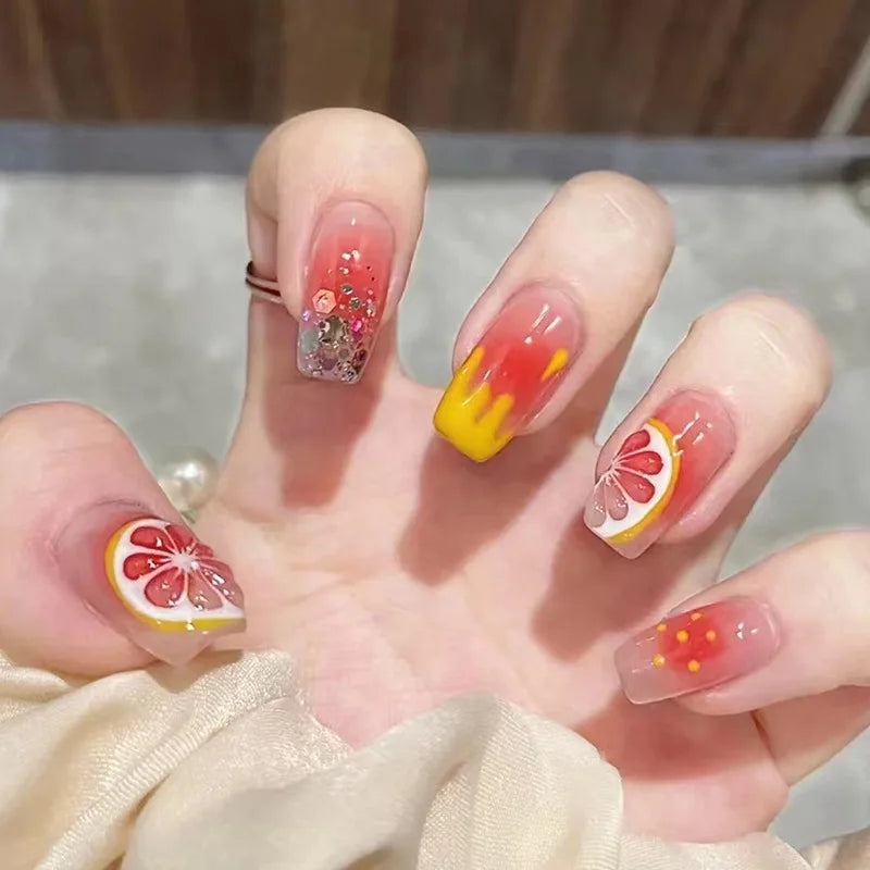 Wholesale Mixed Color Fruit Short Square False Nails Tips Handmade Beauty ABS Full Cover Press Nails Glue Nail File Design