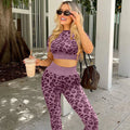 Women Leopard Printing Seamless Knitting Keep Warm Sport Wear Oem Yoga Set Crop Long Sleeve Leggings Yoga Suit