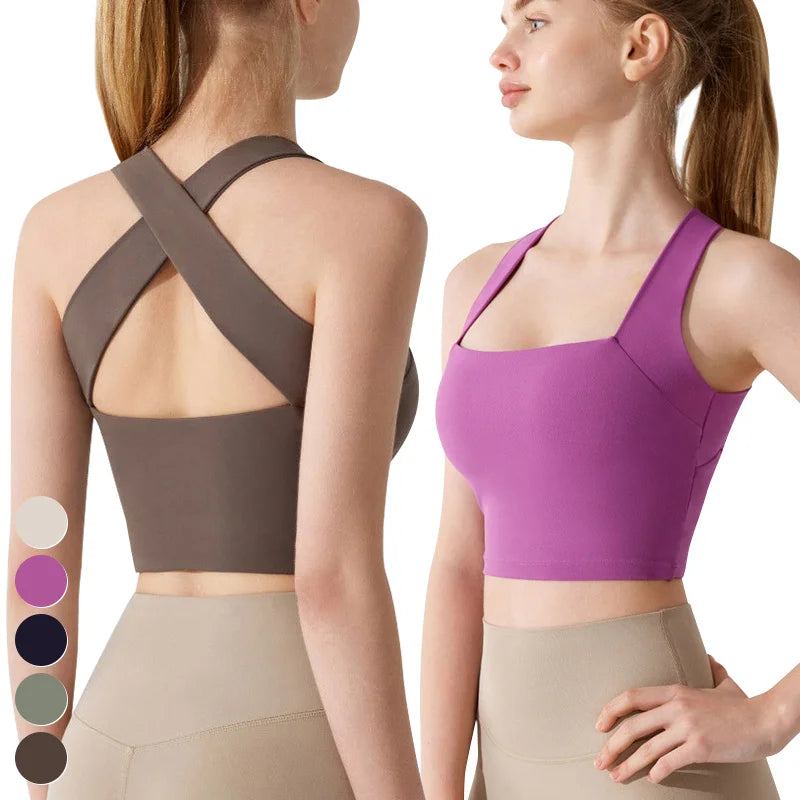 Custom Logo Sports Bra Stretch Straps Cross Back Shockproof Fitness Underwear U Neck Yoga Tank Top High Impact Sports Bra Women