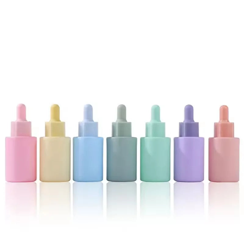 High Quality Macaron 30ml Colorful Glass Bottle Flat Shoulder Essential Oil Bottle With Dropper