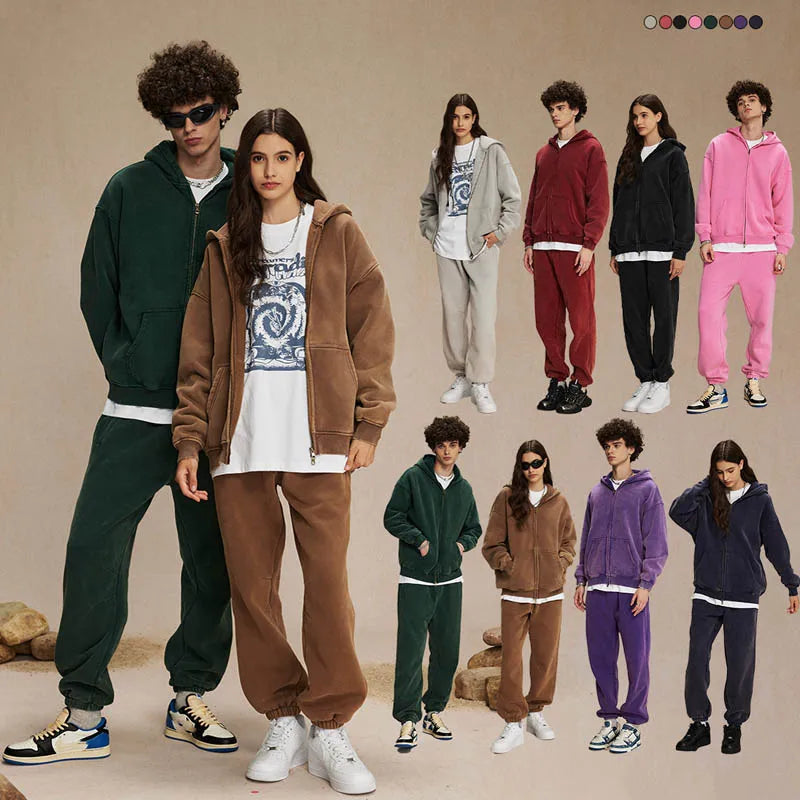 SHINBENE 360GSM Fleece Retro Acid Wash Unisex Zip up Jacket Tracksuit Long Sleeve Sweatshirts and Jogger Sets Streetwear