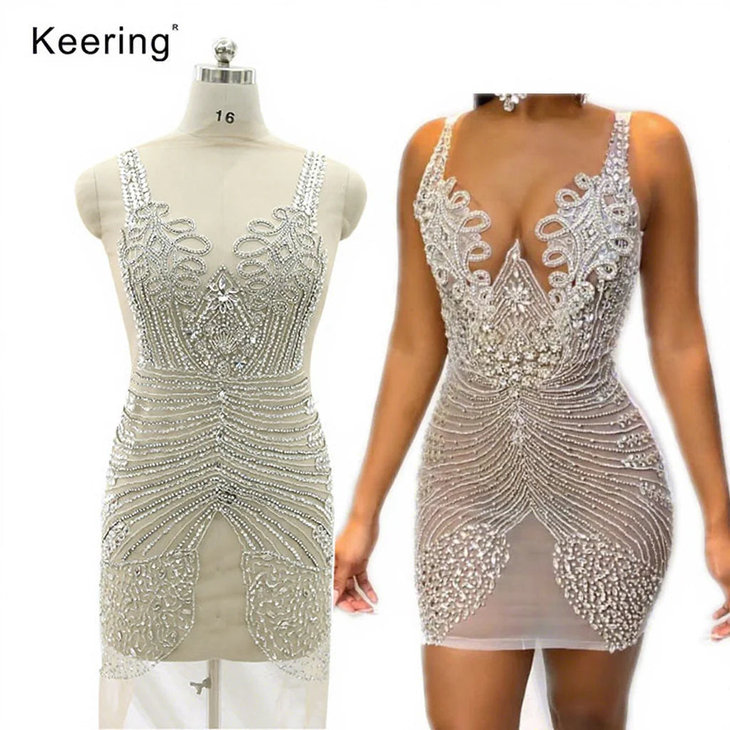 WDP-387 Pretty Silver Bow Applique Bodice Sew on Mesh for Dresses Wedding