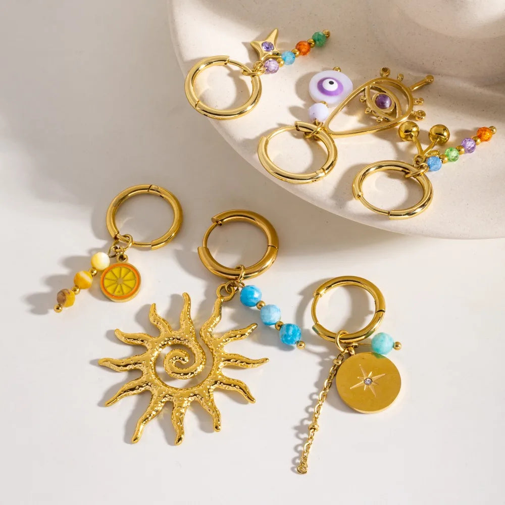 Gold Huggie Hoop Earrings With Enamel Flower Charm Stainless Steel 14K Gold Plated Hypoallergenic Eye Sunflower Earrings for Her