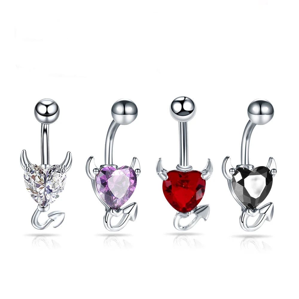 316L Surgical Steel Heart Navel Belly Button Rings Red CZ Girls Gift Belly Piercings Jewelry Earrings With Devil Horns and Tail