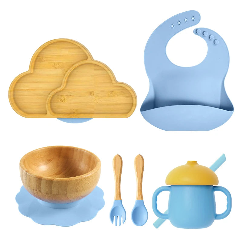 Animal Shape Cloud Bamboo Silicone Baby Feeding Set Plate Bowl Cup Bib and Spoon and Fork with Suction