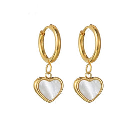 Tarnish Free Stainless Steel Hoop Drop with White Shell Heart Charms Drop Earrings