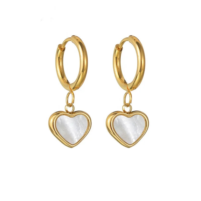 Tarnish Free Stainless Steel Hoop Drop with White Shell Heart Charms Drop Earrings