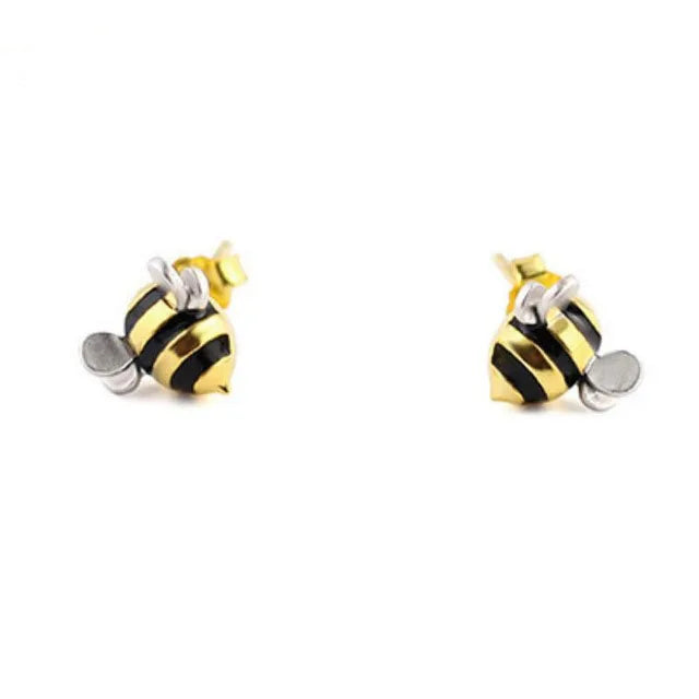 925 Sterling Silver Gold Plated Enamel Animal Bee Stud Earrings Trendy Jewelry