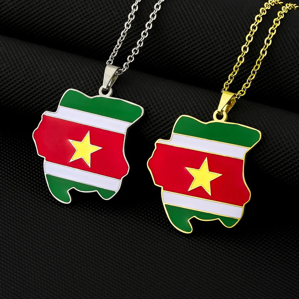Factory Enameled Stainless Steel Suriname Map Chain Necklace 18K Gold Plated Enamel Suriname National Flag Map Pendant Necklace
