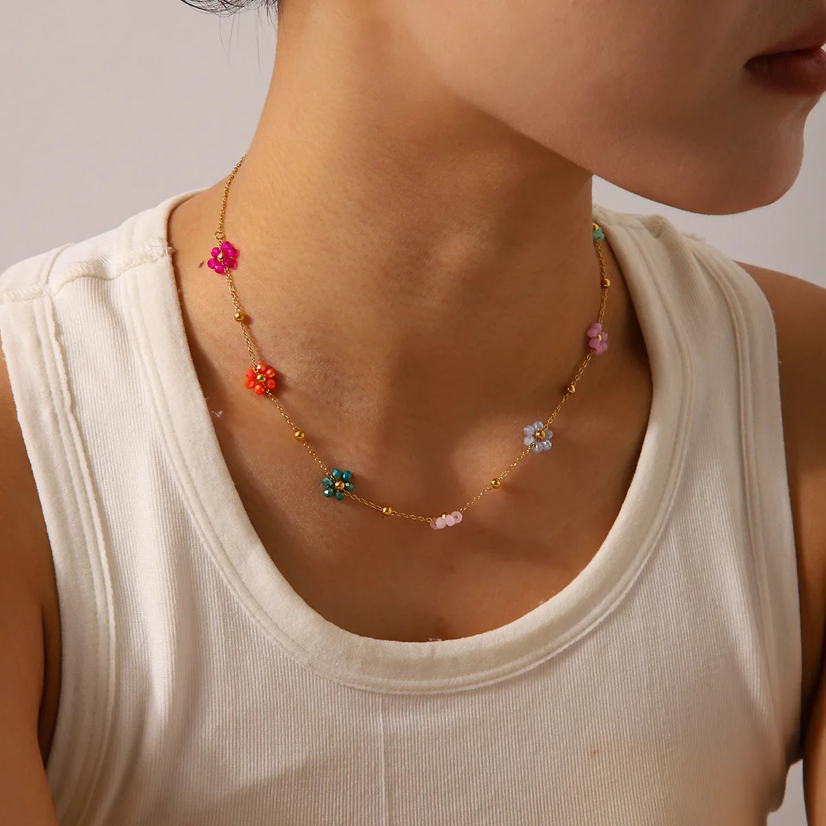 Sweet Jewelry Stainless Steel 18K Gold Plated Link Chain Buddhism Sunflower Colorful 7 Flower Charm Necklace