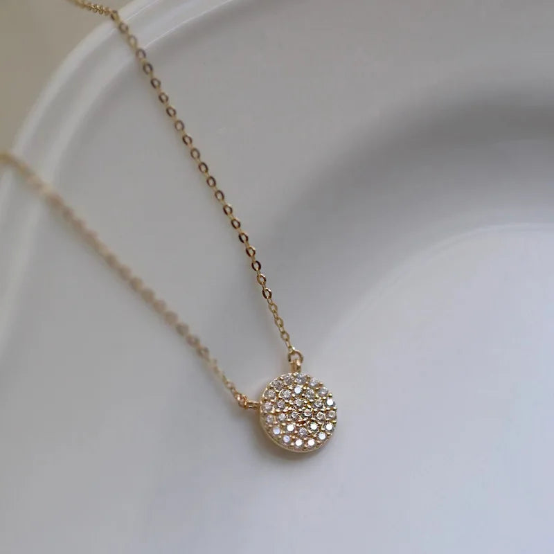 Wholesale Fashion Jewelry 925 Sterling Silver Round Circle Pendant Full Zircon Gold Plated Necklaces for Women