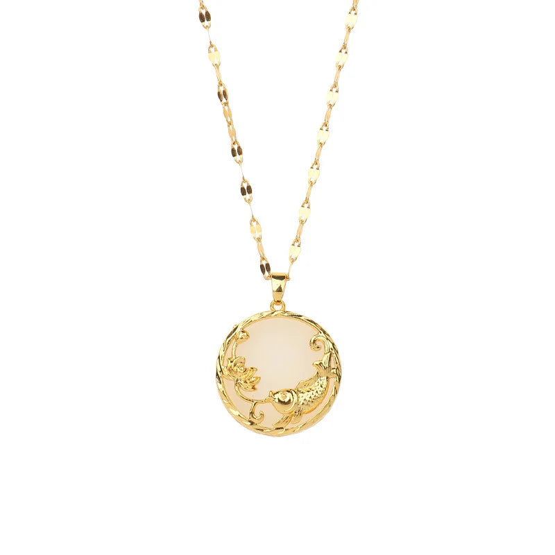 AA00650 18K Gold Titanium Steel Gemstone Jade Pendant Necklace Chinese Style Lucky Fish Natural Jade Necklace