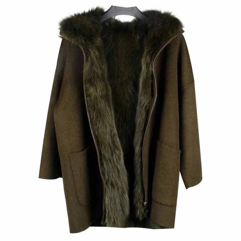 Hot Sale New Winter Eco-Friendly Fashion Reversible Long Woven Woolen Fox Fur Parka with Detachable Lined Coat and Fur Hood