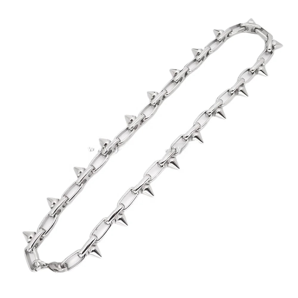 New Trendy Hip Hop Unisex Silver Plated Stainless Steel Link Chain Spike Rivet Choker Necklace for Wedding Anniversary Gift