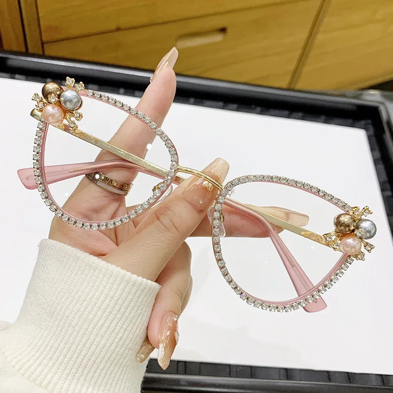 DL Women's Metal Triangle Cat Eye Diamond Studded Anti Blue Light Retro Rhinestone Eyeglass Frame