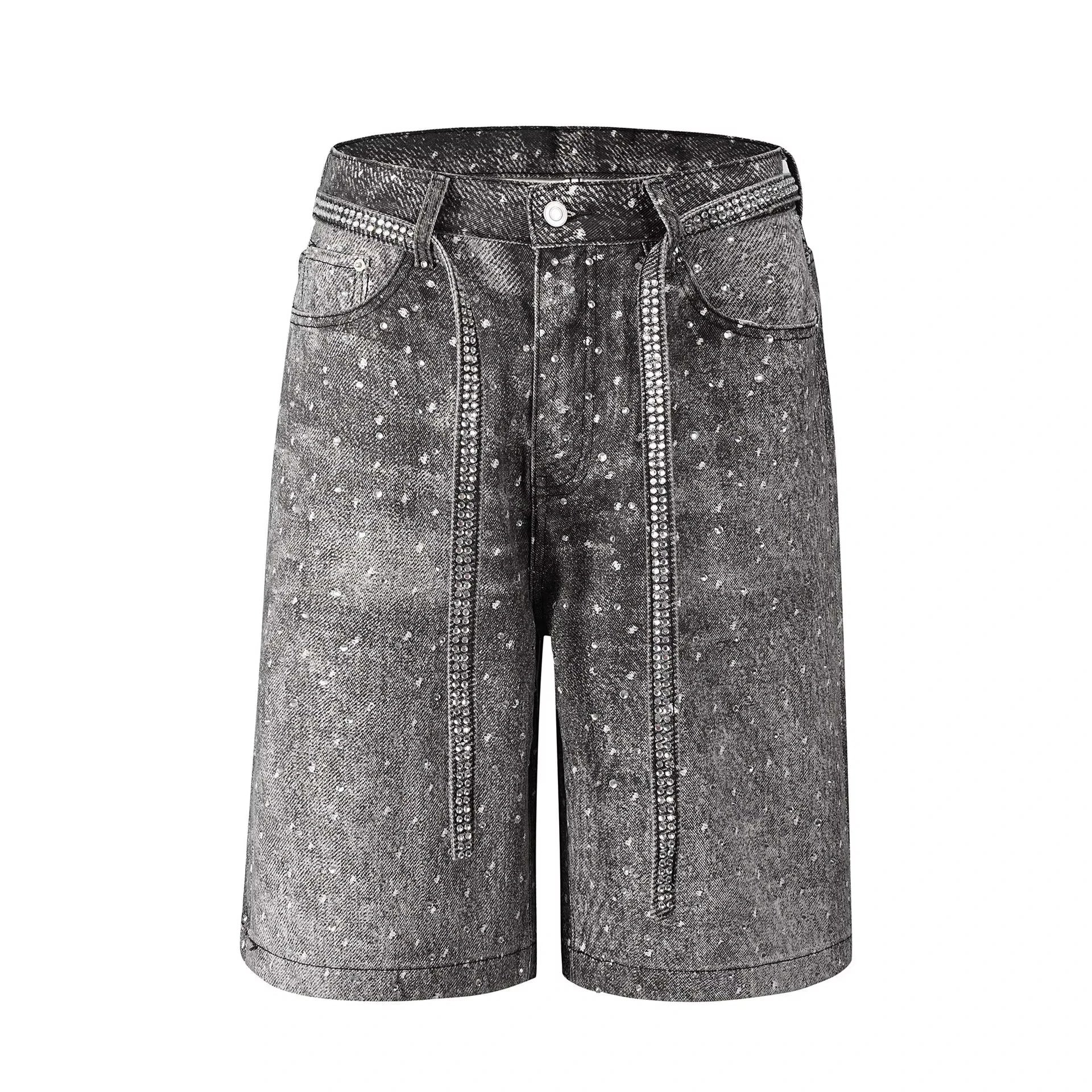 Wholesale Custom 14 OZ Denim Shorts for Men Vintage Style Full Rhinestone 3D Digital Printed Breathable Woven Mid for Summer