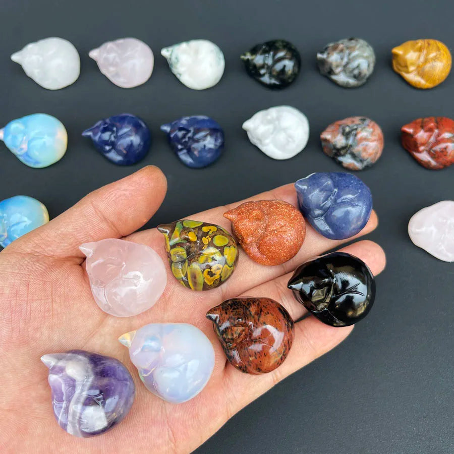 Wholesale Hand Carved Gemstone Animal Opalite Quartz Crystal Purple Lepidolite Jade Sleeping Cat