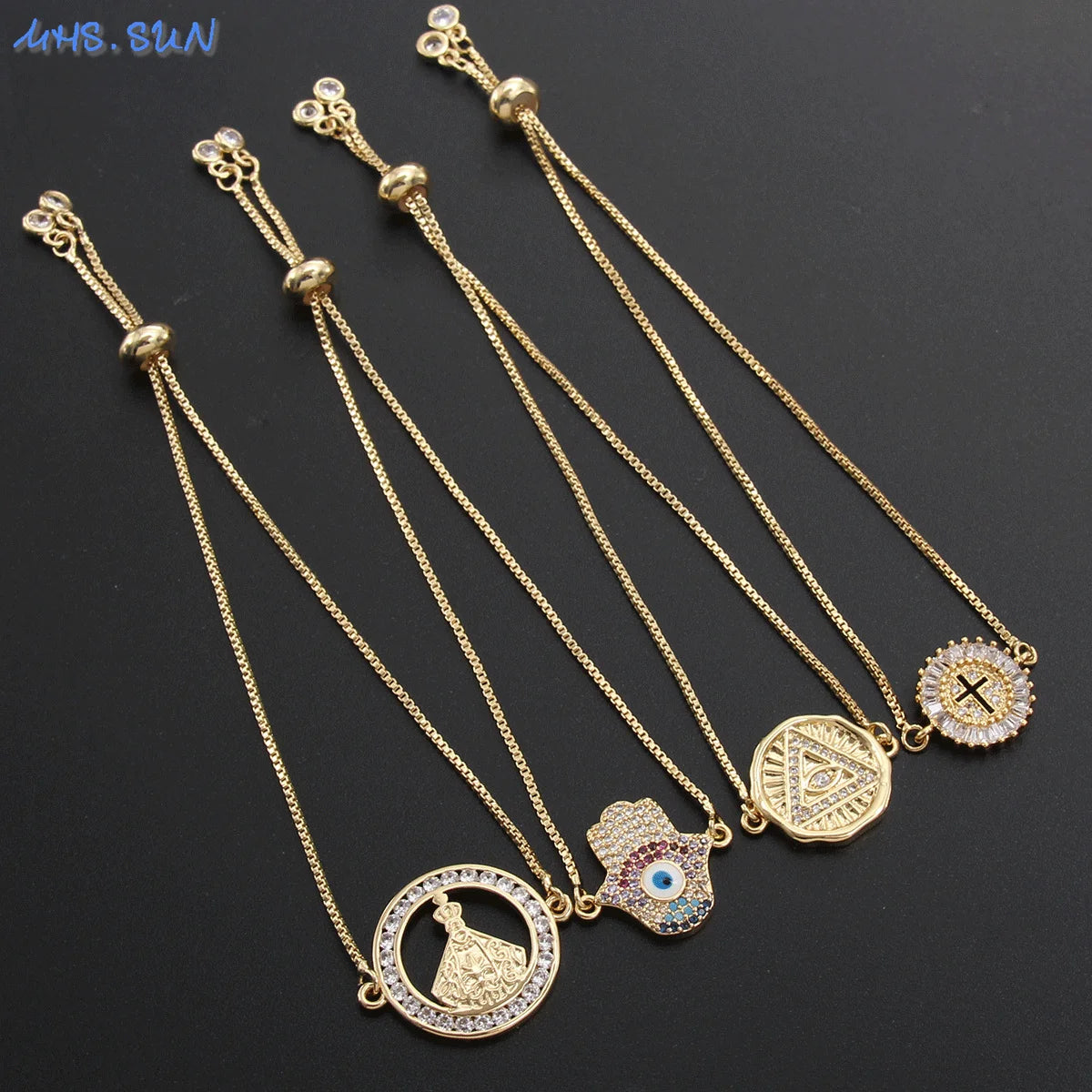 Wholesale Religious Jewelry CZ Zirconia Cross/Hand/Eye/Flower Women Bracelets 18K Gold Plated Copper Retro Design Chain Bangles