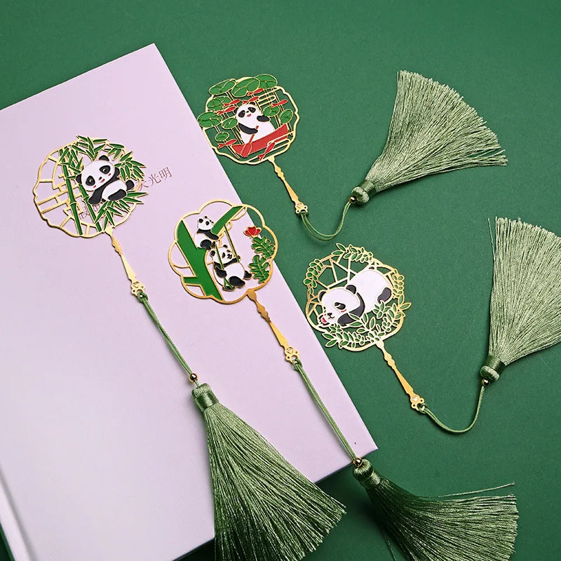 Cartoon Panda Fan Shaped Metal Bookmarks Creative Brass Fringed Animal Book Page Mark With Tassel Teacher Gift Kawaii Stationery