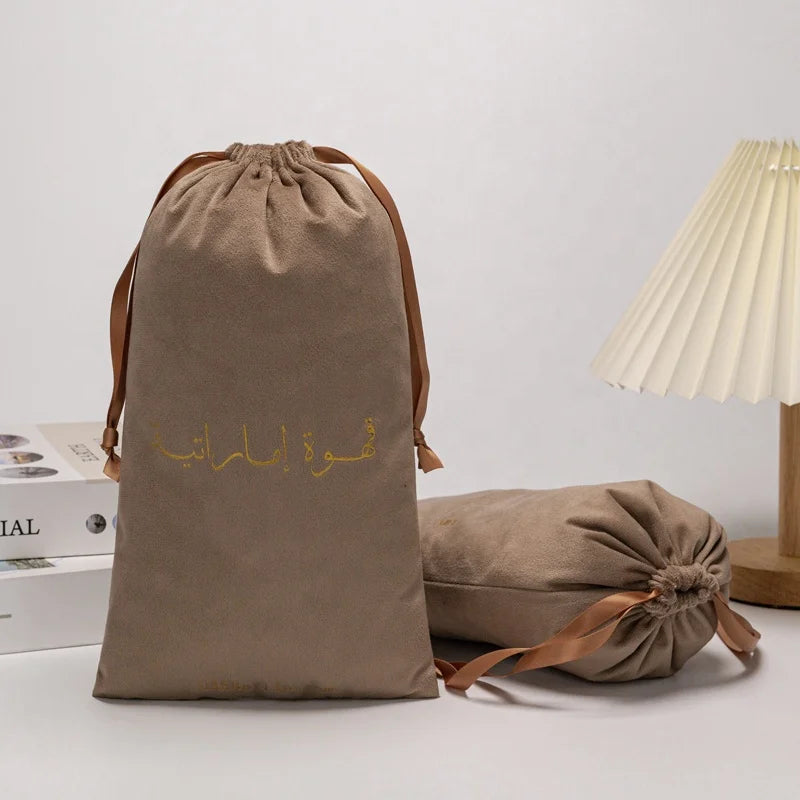 Customized Logo Velvet Soft Pouch for Skin-Care Product Double Drawstring Pouch for Makeups Brown Pouch for Packaging Shampoo