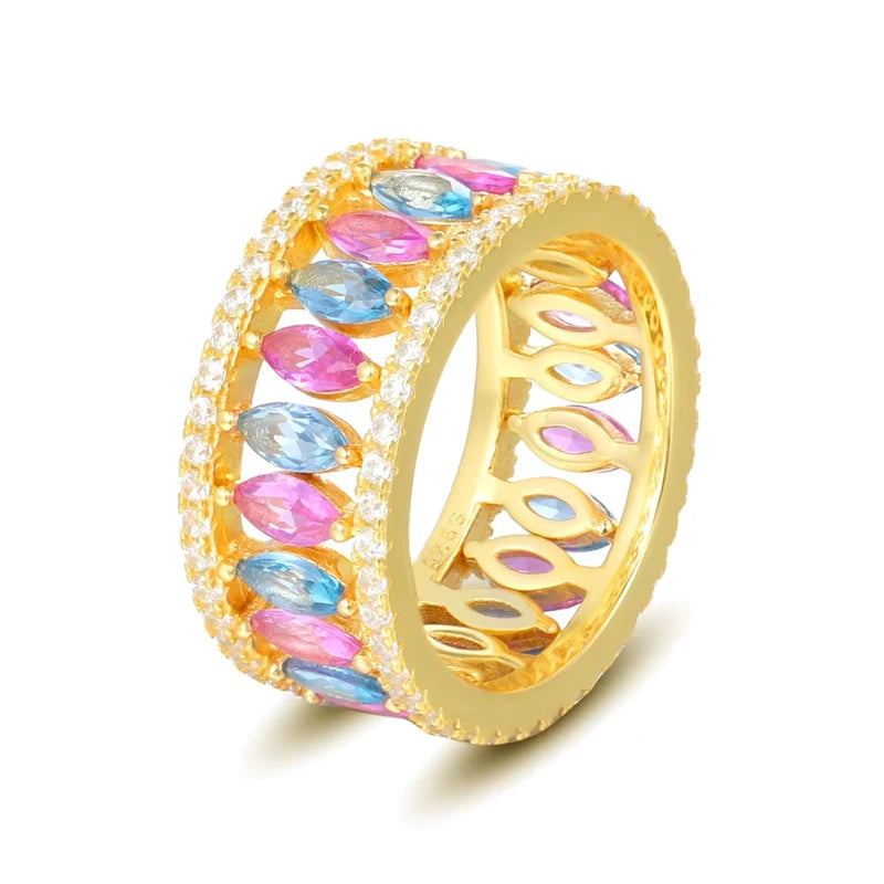 2025 New Crown Crystal Rainbow Trendy Zircon Ring Gold Band Wholesale Crown Colorful Rings for Women