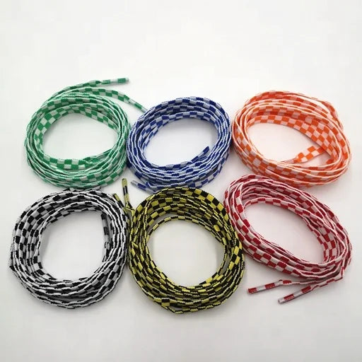 Wholesale Fashionable Flat Polyester Printed Plaid Shoelaces 6mm/10mm Width Transparent Plastic Tips Pantone Color for