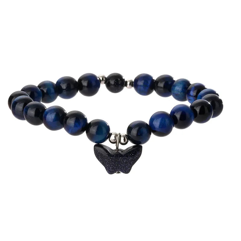 Natural Gemstone Bead Healing Crystal Bracelet Butterfly Real Tiger Eye Stone Charm Bracelet Women Men