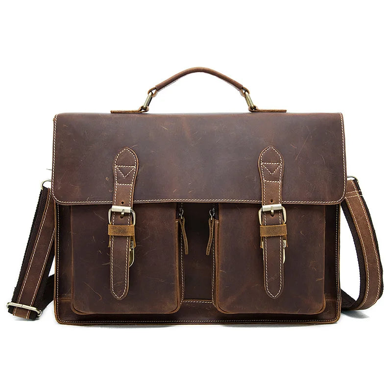 Genuine Leather Man 15.6 Inch Vintage Cowhide Laptop Bag Briefcase Satchel Crazy Horse Leather Messenger Bag for Men