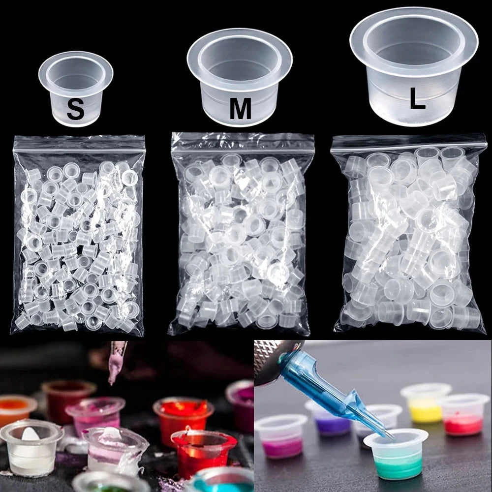 100pcs/bag Disposable Microblading Tattoo Ink Cups S M L Plastic Permanent Makeup Pigment Clear Holder Container Cap
