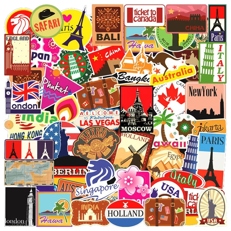 100Pcs Retro International Tourism Country Scenery Sticker Girl Student Waterproof Gloos Skateboard Luggage Stickers