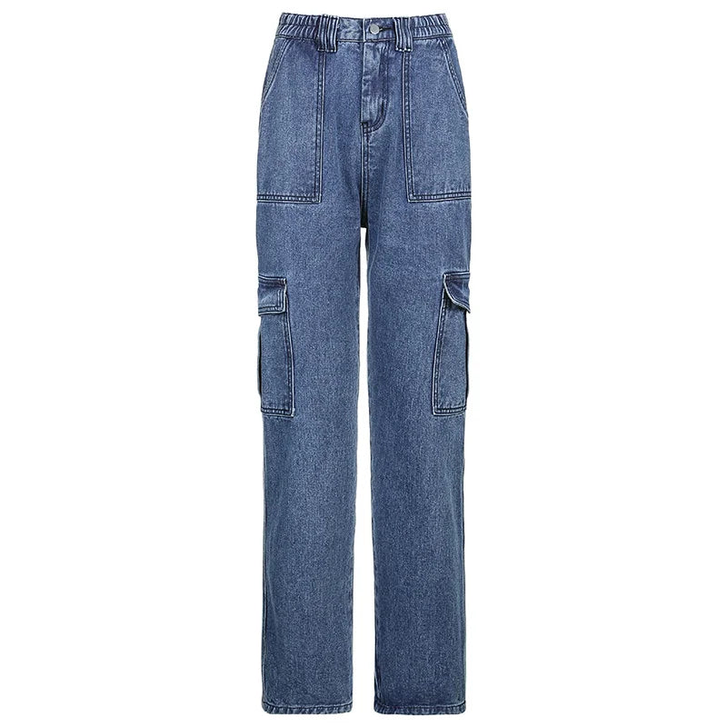 Hot Sale New Fashion Women's Summer Streetwear Baggy Jeans Mid Waist Straight Denim Trousers with Pockets Wide Leg Cargo Pants