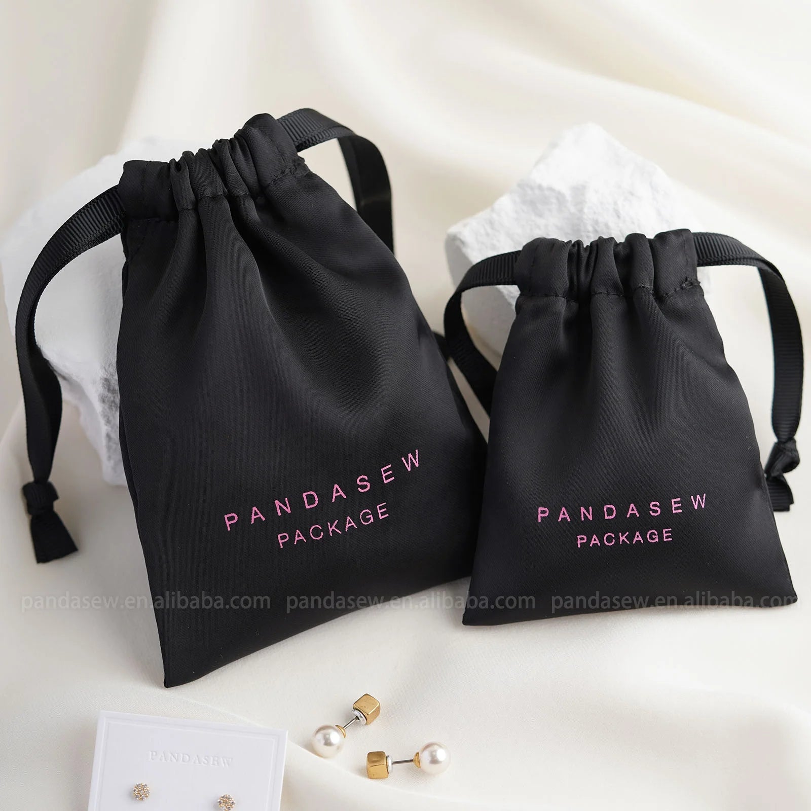 PandaSew Luxury Black Dense Silk Satin Bag Boutique Drawstring Bag Pouch with Custom Logo