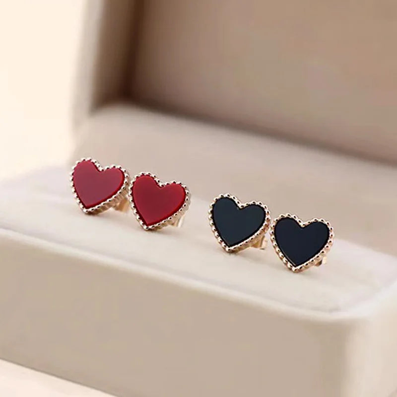 Wholesale Trendy Stainless Steel 18k Gold Heart Gold Plated Tarnish Free Earring Jewelry Red and Black Colors Stud Earrings